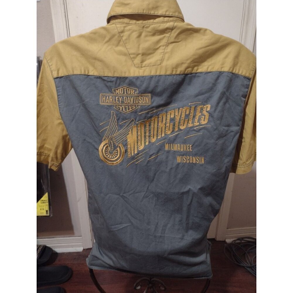 Men's Harley Davidson Gray Gold Milwaukee Wisconsin Logo S/S Button Shirt Medium - Picture 5 of 10